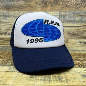 R.E.M. Mens Trucker Hat Navy Snapback 1995 Alt Rock Vintage Logo Baseball Cap